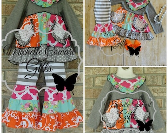 Girls Outfit, Gray Pink Orange Ruffle Pants, Girls Outfit, Toddler Outfit, School, 9M 12M 18M 2T 3T 4T 5 6 7 8 9 10 12 14 Matilda Jane