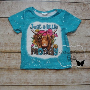 Pode incluir: Camiseta turquesa de manga curta com um gr&aacute;fico de uma vaca das Terras Altas usando uma faixa de cabelo rosa e girass&oacute;is. O texto "Just a little moody" est&aacute; abaixo.