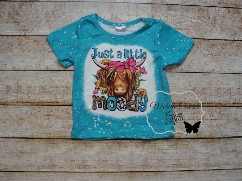 Pode incluir: Camiseta turquesa de manga curta com um gr&aacute;fico de uma vaca das Terras Altas usando uma faixa de cabelo rosa e girass&oacute;is. O texto "Just a little moody" est&aacute; abaixo.