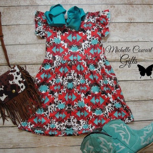 Girls Western Print Dress, Girls Cow Print Dress, Girls Turquoise Dress, Western Print Dress, Girls Dress, Toddler Dress, 2T, 3T, 4T, 5/6
