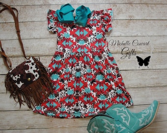 Vestido estampado estilo western para niñas, vestido estampado de vaca para niñas, vestido turquesa para niñas, vestido estampado estilo western, vestido para niñas, vestido para bebés, 2T, 3T, 4T, 5/6