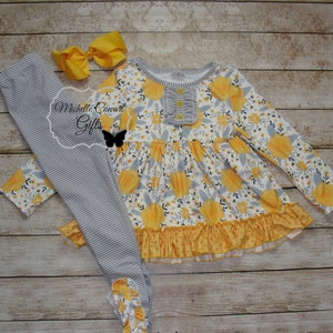 Yellow Outfit, Gray Outfit, Girls Outfit, Girls Winter Outfit, School Set, Girls, Toddler, RTS, 12M, 18M, 2T, 3T, 4T, 5, 6, 7, 8, 10, 12 Outfit & Yellow Bow