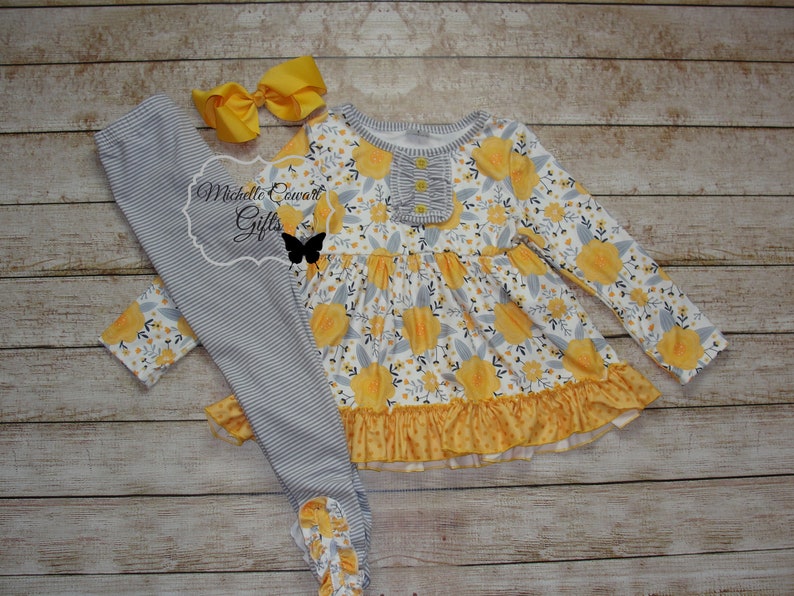 Yellow Outfit, Gray Outfit, Girls Outfit, Girls Winter Outfit, School Set, Girls, Toddler, RTS, 12M, 18M, 2T, 3T, 4T, 5, 6, 7, 8, 10, 12 Outfit & Yellow Bow