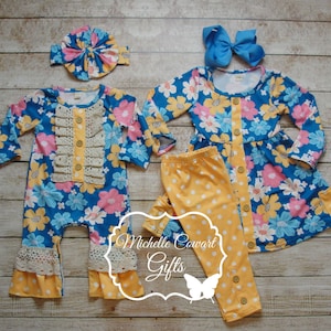 Girls Blue Outfit, Girls Yellow Outfit, Girls Floral Outfit, Matching Sister Outfit, Sibling Outfit, 6M, 9M, 12M 18M 2 3 4 5 6 7 8 10 12 14