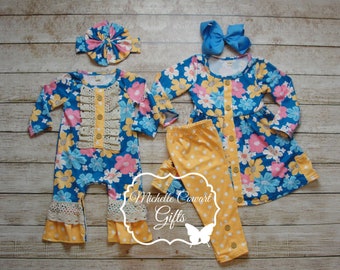 Girls Blue Outfit, Girls Yellow Outfit, Girls Floral Outfit, Matching Sister Outfit, Sibling Outfit, 6M, 9M, 12M 18M 2 3 4 5 6 7 8 10 12 14