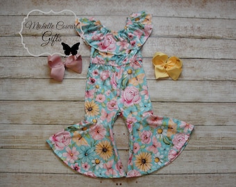 Girls Off Shoulder Jumpsuit, Girls Floral Jumpsuit, 12M, 18M, 24M, 2T, 3T, 4T, 5, 6, 7, 8, 9, 10, 12, Girls Romper, On Sale, Special Price