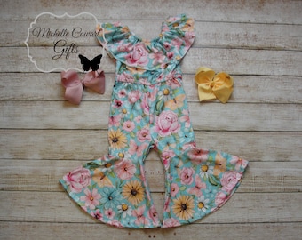 Girls Jumpsuit, Girls Romper, 12M, 18M, 24M, 2T, 3T, 4T, 5, 6, 7, 8, 9, 10, 12 One Piece Romper, Sunflower, Daisy, Rose, Summer Outfit