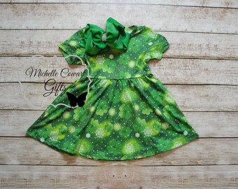 Girls St Patrick's Day Dress, Girls St Patty Dress, St Patrick's Day Outfit, Toddler, Girls Green Leaf Clover Dress, 12M 18M 2T 3T 4T 5 6 7