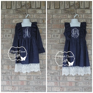 Monogrammed Dress Denim & Lace Dress, Denim Dress, 12M 18M 2T 3T 4T 5 6 7 8 10 12, Girls Fall Dress, Wedding, Cowgirl Dress, Father Dance