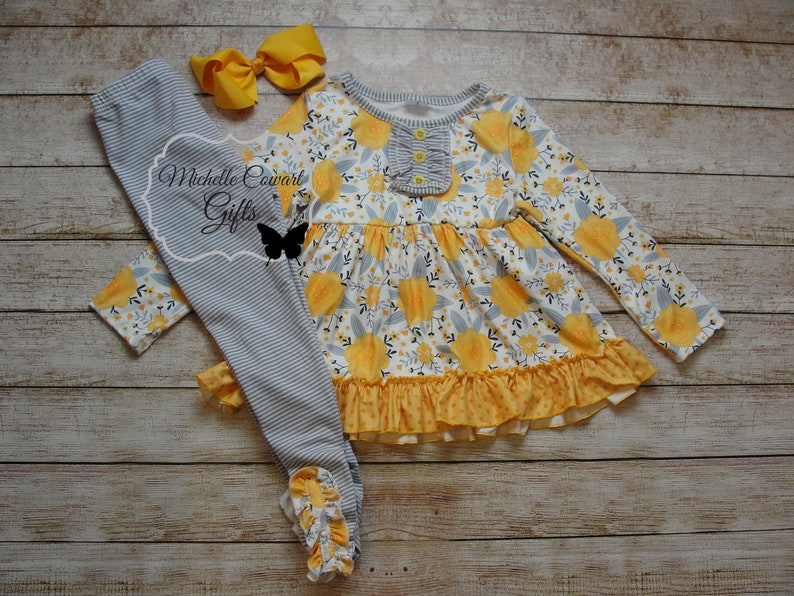 Yellow Outfit, Gray Outfit, Girls Outfit, Girls Winter Outfit, School Set, Girls, Toddler, RTS, 12M, 18M, 2T, 3T, 4T, 5, 6, 7, 8, 10, 12 image 10