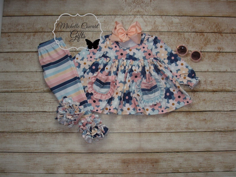 Girl Blue Stripe Outfit, Girls Fall Outfit, Toddler, 12M, 18M, 24M, 2T, 3T, 4T, 5, 6, 7, 8, 10, 12, 14, RTS, Girls Winter Outfit, School bild 7