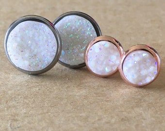 White Druzy Earrings, White Faux Druzy Stud Earrings, Druzy Earrings, 8mm White Druzy Earrings, Druzy Leverback Earrings