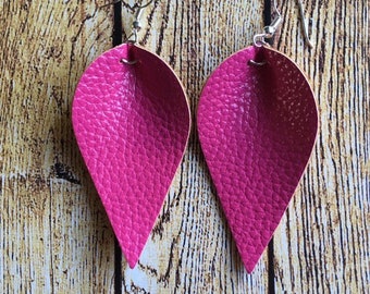 Pink Leather Leaf Earrings