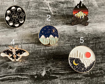 Moon Pin, Mountain Pin, Butterfly Pin, Fire Pin, Brooches