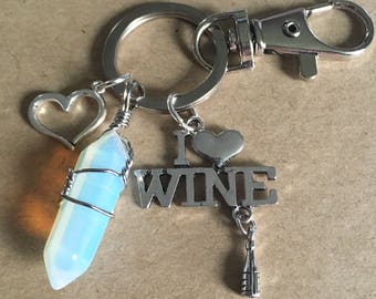 Wine keychain, I love Wine Keychain, Heart Keychain, Opal Keychain, Gemstone Keychain