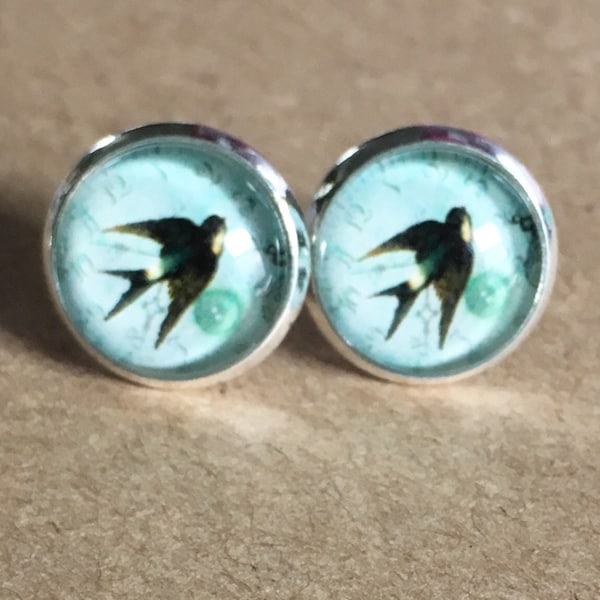 Bird Sky blue Earrings, Swallow Earrings, Bird Earrings, Glass Earrings, Clock Earrings