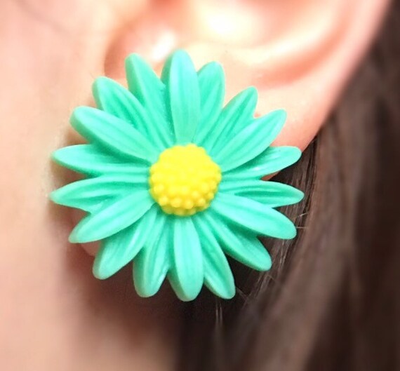 Extra Large Green Daisy Flower Earrings Etsy