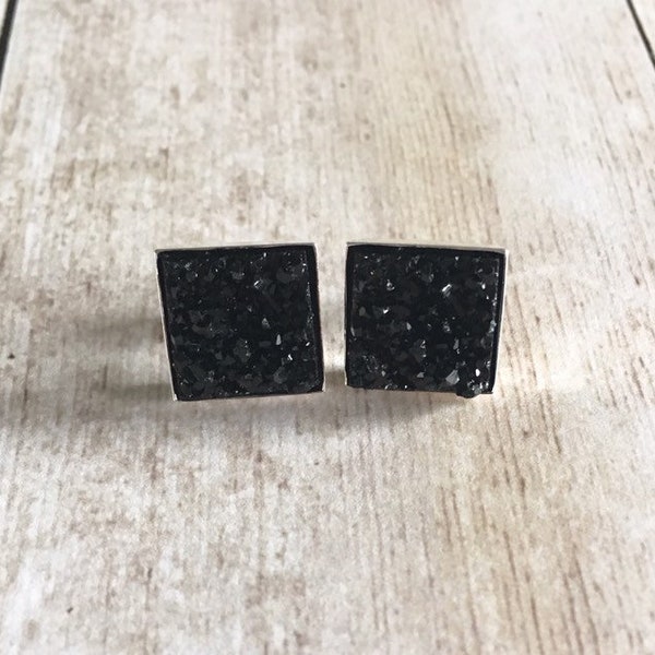 Black Square Druzy Earrings, Black Druzy Earrings, Faux Druzy Earrings