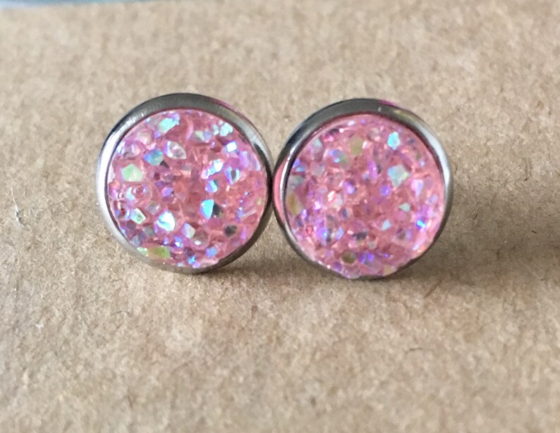 10mm Light Pink Druzy Earrings image 1