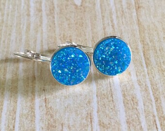 Blue Druzy Leverback Earrings/Faux Blue Druzy Earrings