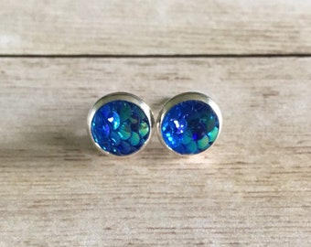 8mm Blue Mermaid Scale Earrings, Blue Dragon Scale Earrings