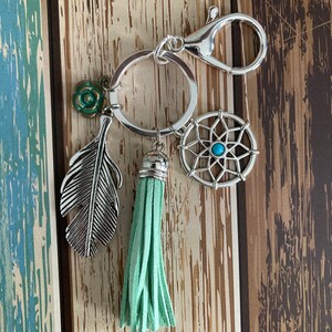 Dreamcatcher Feather Flower and Tassel Silver Keychain