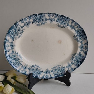 Antique, Art Nouveau ironstone oval fluted platter / plate, blue green transferware design and maker mark, circa late 1800s.