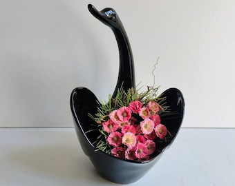 French vintage black ceramic swan planter / jardiniere, circa mid century.