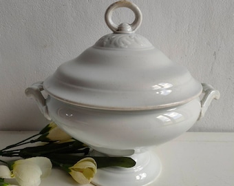 Antique French lidded tureen / soupiere, Creil Montereau, ornate trims and lid, circa 1900.