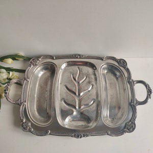 Vintage silver plated meat serving platter with sides dishes, footed antique style, circa mid century.
