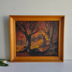 French vintage oil on board painting of autumnal / fall forest scene, signed, framed and ready to hang, circa mid century.