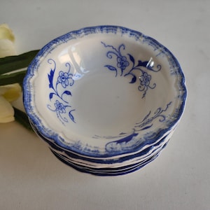 French antique / vintage, Sarreguemines set of 6 small ironstone bowls with blue pattern, children&#39;s games, circa mid century.