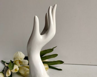 French vintage, white ceramic hand, jewelry stand with small flower vase, mid century decor.