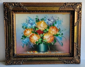 Vintage oil on board painting in ornate gold frame, signed R Cox, circa mid century.