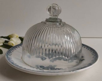 French vintage glass crystal butter / cheese cloche, Val Saint Lambert mark, cheese dome, ridged design, circa mid century.
