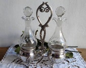 French antique condiment set, sauce stand for table, silver plated and crystal bottle s and stoppers, 1900.