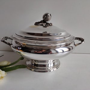 French vintage, silver plated footed tureen with lid and maker marks, circa early 1900s.