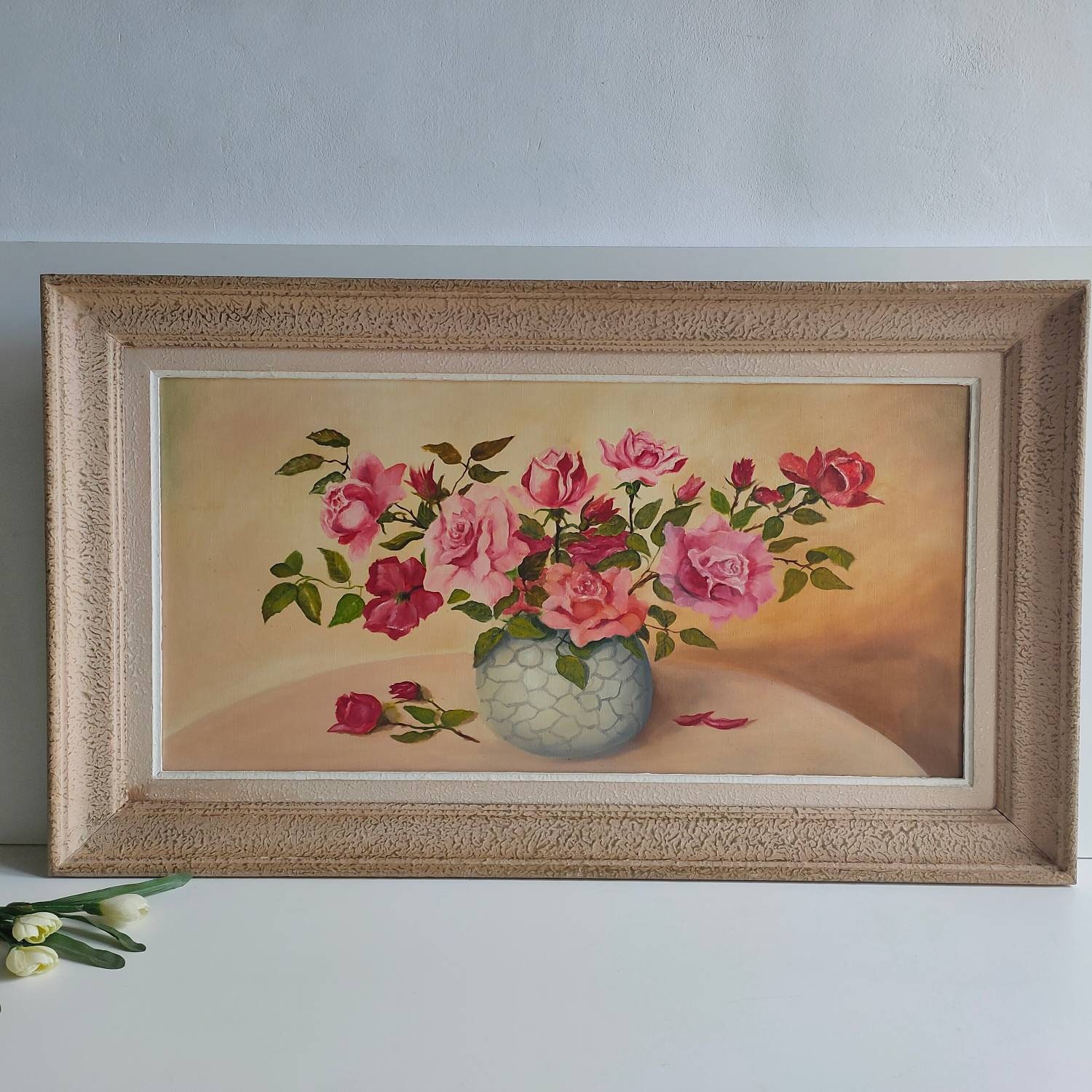 Grande Peinture à L'huile sur Toile Vintage Français Milieu Du Siècle, Nature Morte Florale Signée e