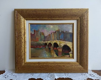 Vintage French original impressionist style oil painting on board of le Pont, signed and framed Irene Fanshawe, circa 1950s.