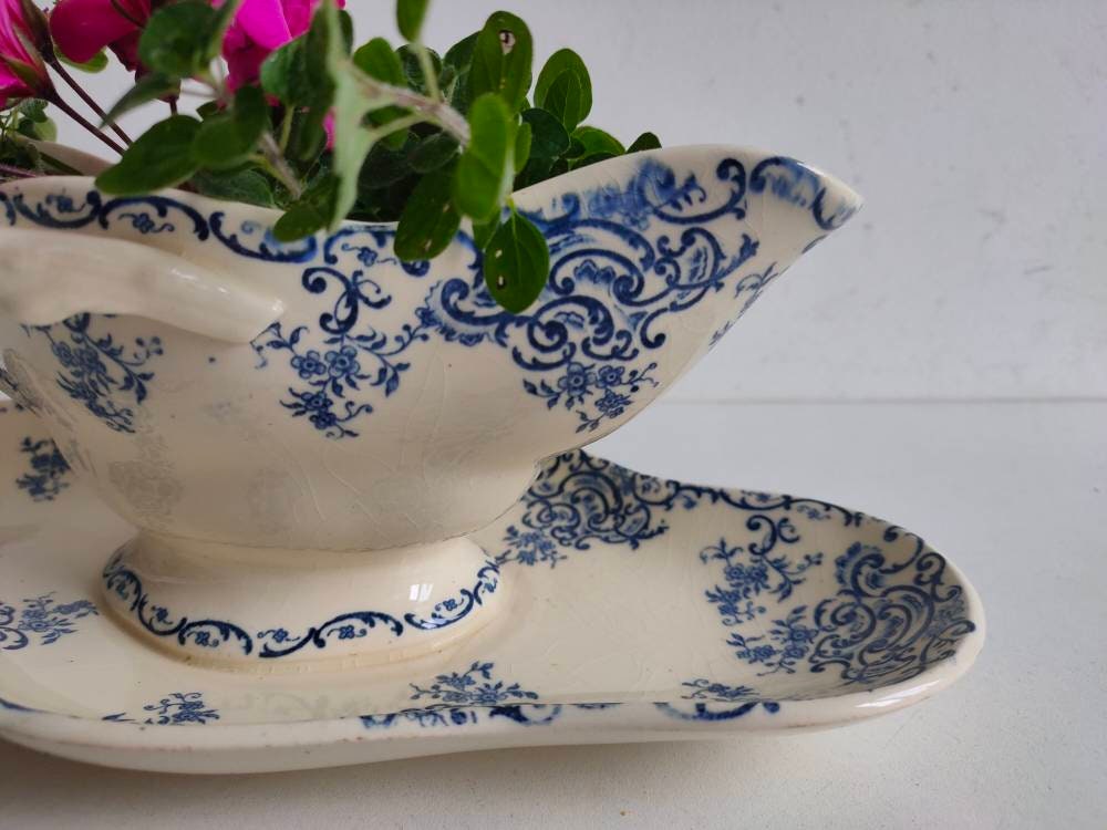 Français Antique Gien Windsor, Sauciere/Sauce Bateau Grand, Vers 1900.