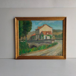 French vintage, mid century, Impressionistic style, oil on board landscape with Charentaise house, river, bridge, signed and framed, 1956.