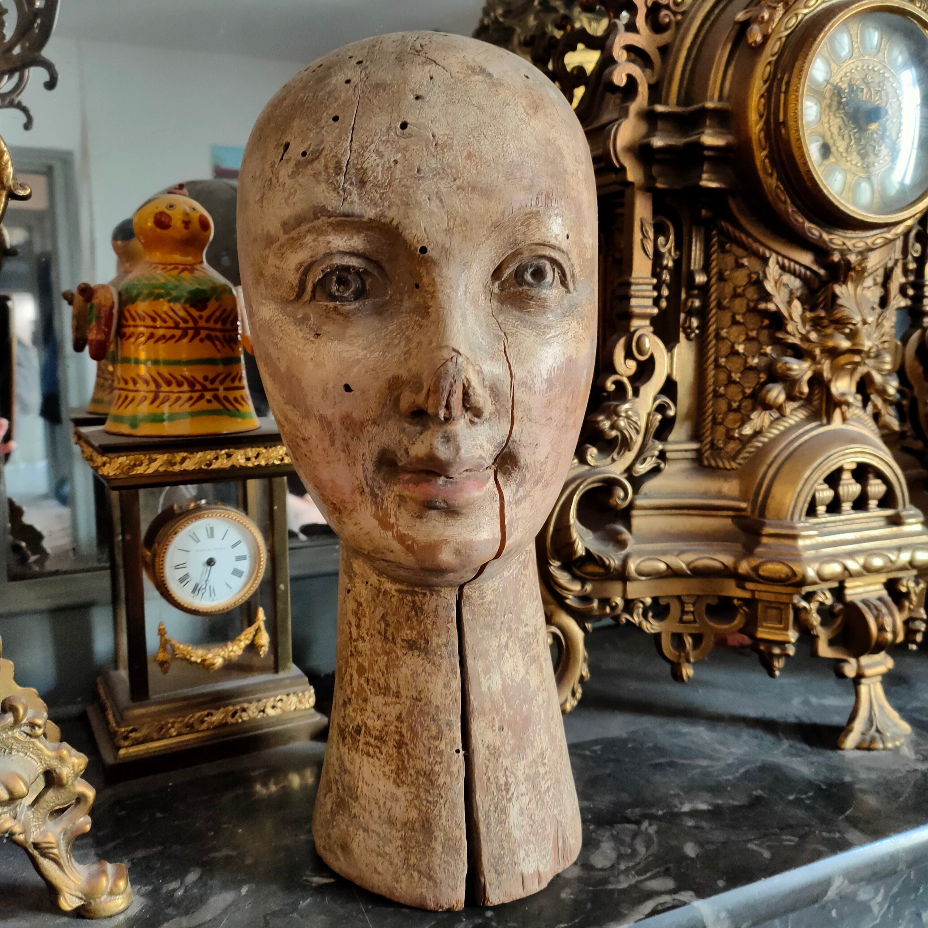 Antique French, Hand Carved Wooden, Female Mannequin Head