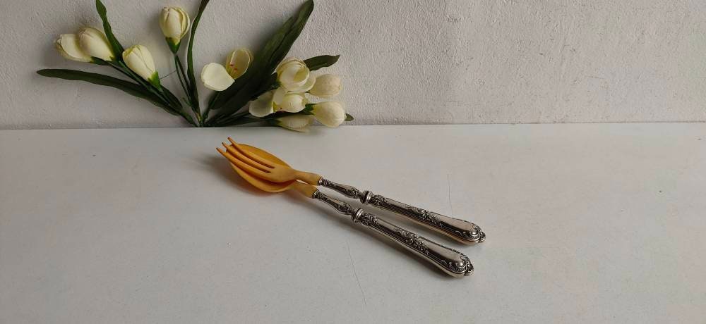 Français Anciens Serveurs de Salades à Manche Argenté avec La Conception Louis Xv Et, Timbre Fabrica