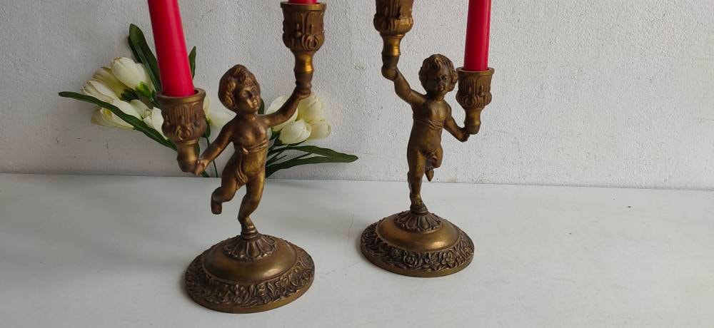 Paire de Français Vintage Chérubin/Putti Porte-Bougies Candélabre.