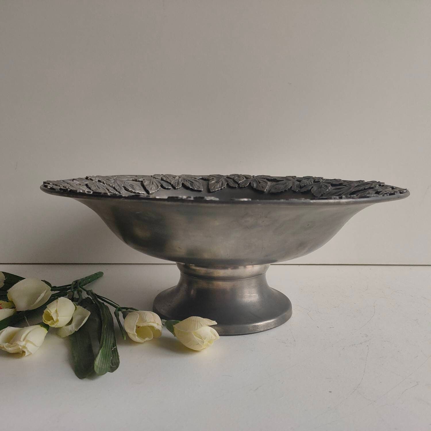 Français Vintage, Bol de Fruits en Étain/Tazza Pièce Centrale avec Un Design Relief Feuilles Lierre,