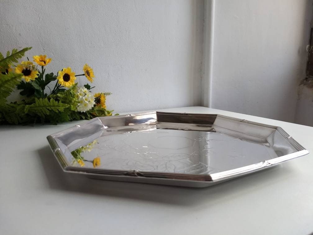 Plateau de Service Anglais Antique Elkington, Plateau Boissons Hexagonales Art Nouveau, 1881.