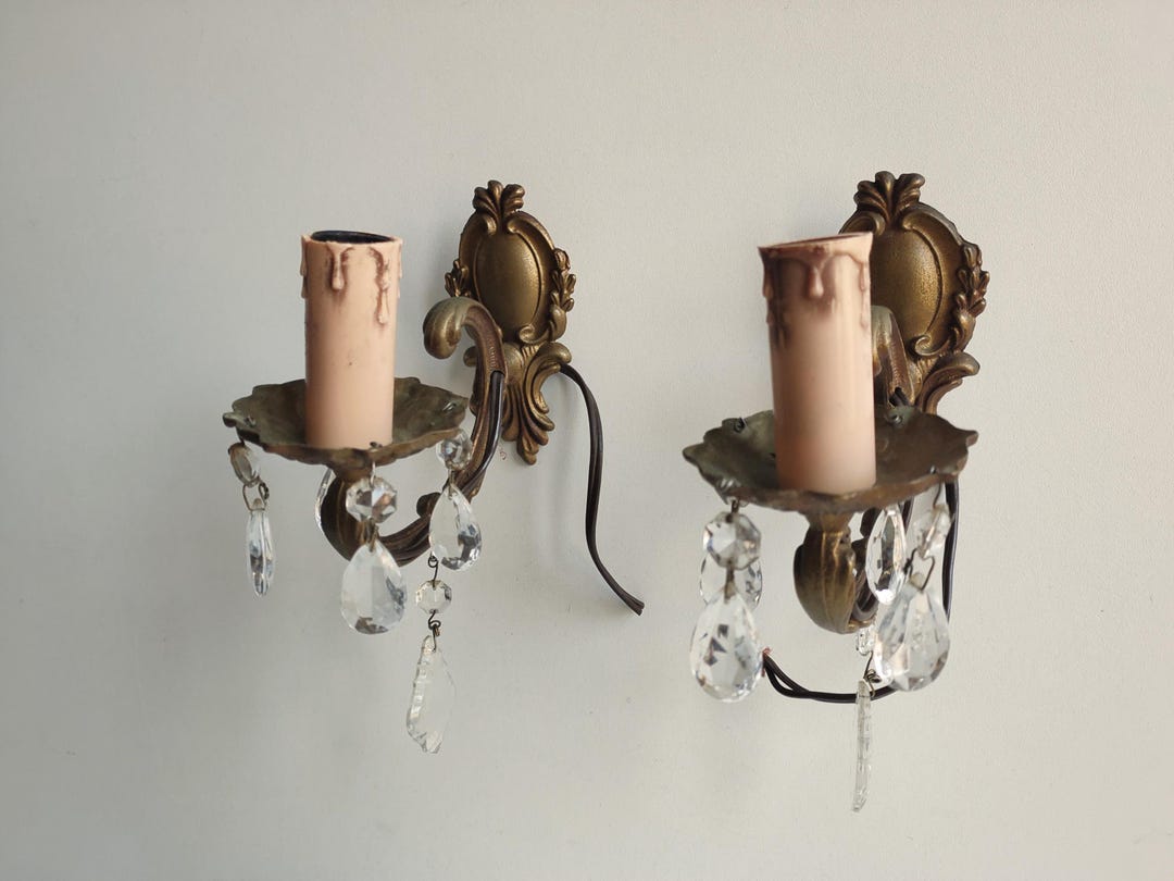 PAIR of Vintage French Wall Lights / Sconces With Crystal Drops, Art ...