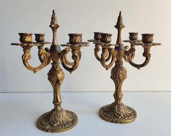 French antique pair of bronze candelabras / candle holders, ornate Louis XV style, circa 1900.