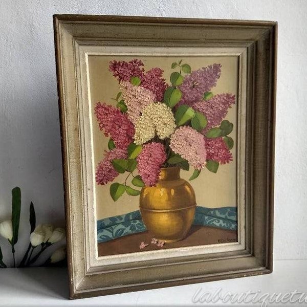 Français / huile vintage italienne sur toile de peinture de lilas vibrants dans un vase, P Dolzan, vers les années 1930.