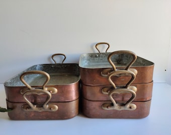 French vintage copper, Mauviel 1830 roasting dish, bronze handles maker mark, made in France.